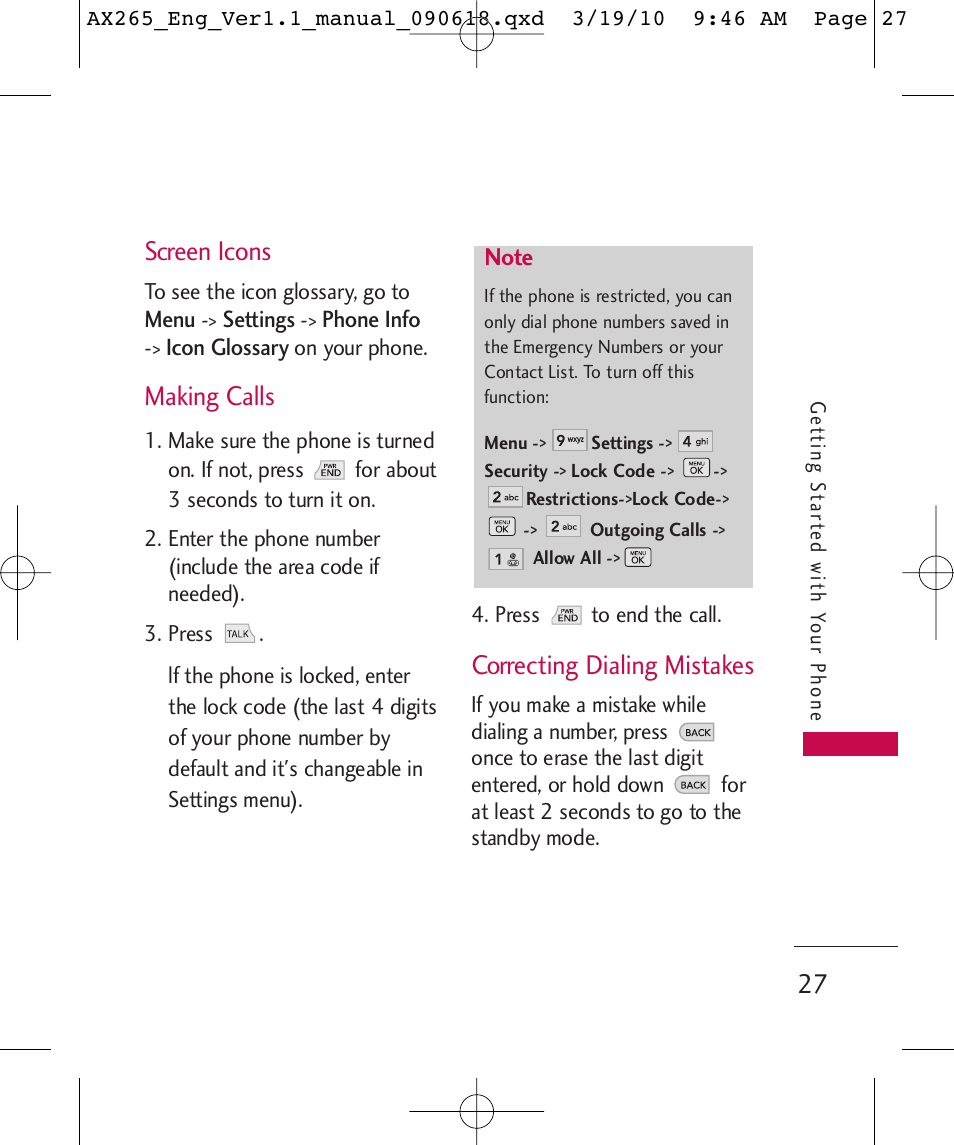 Screen icons, Making calls, Correcting dialing mistakes | LG LGAX265 User Manual | Page 29 / 269