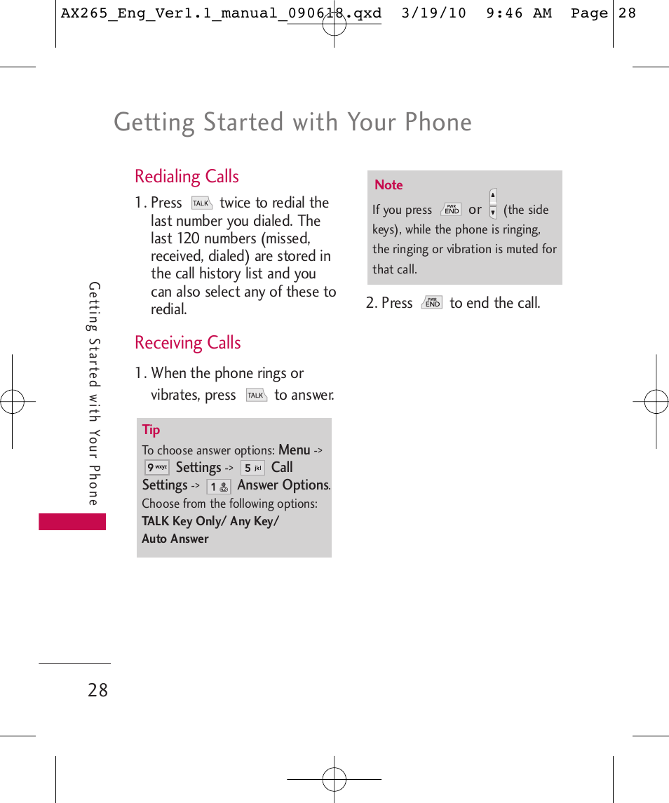 Getting started with your phone, Redialing calls, Receiving calls | LG LGAX265 User Manual | Page 30 / 269