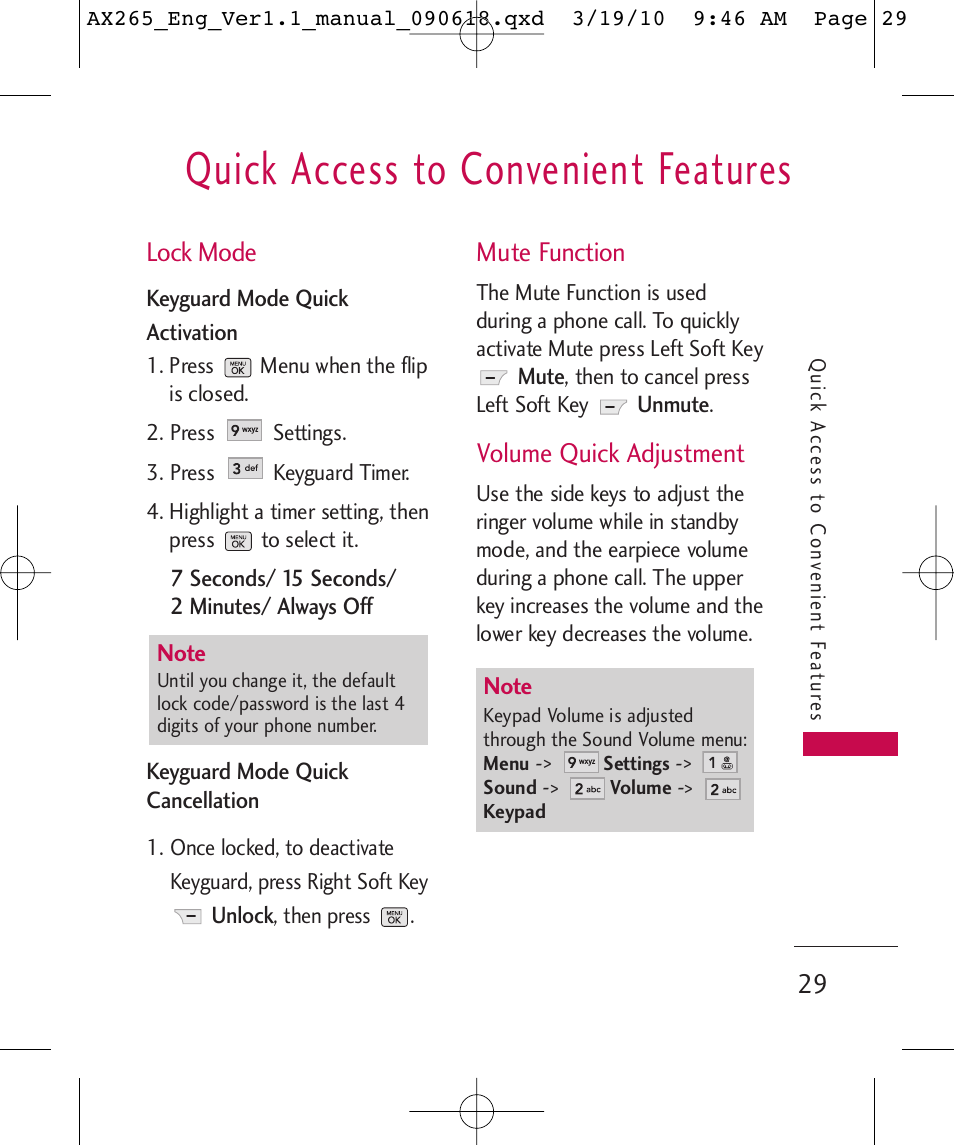 Quick access to convenient features, Lock mode, Mute function | Volume quick adjustment | LG LGAX265 User Manual | Page 31 / 269