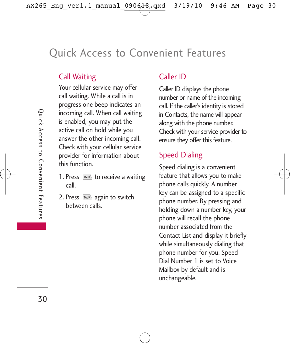 Quick access to convenient features, Call waiting, Caller id | Speed dialing | LG LGAX265 User Manual | Page 32 / 269