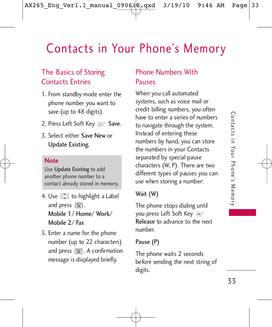 The basics of storing contacts entries, Phone numbers with pauses | LG LGAX265 User Manual | Page 35 / 269