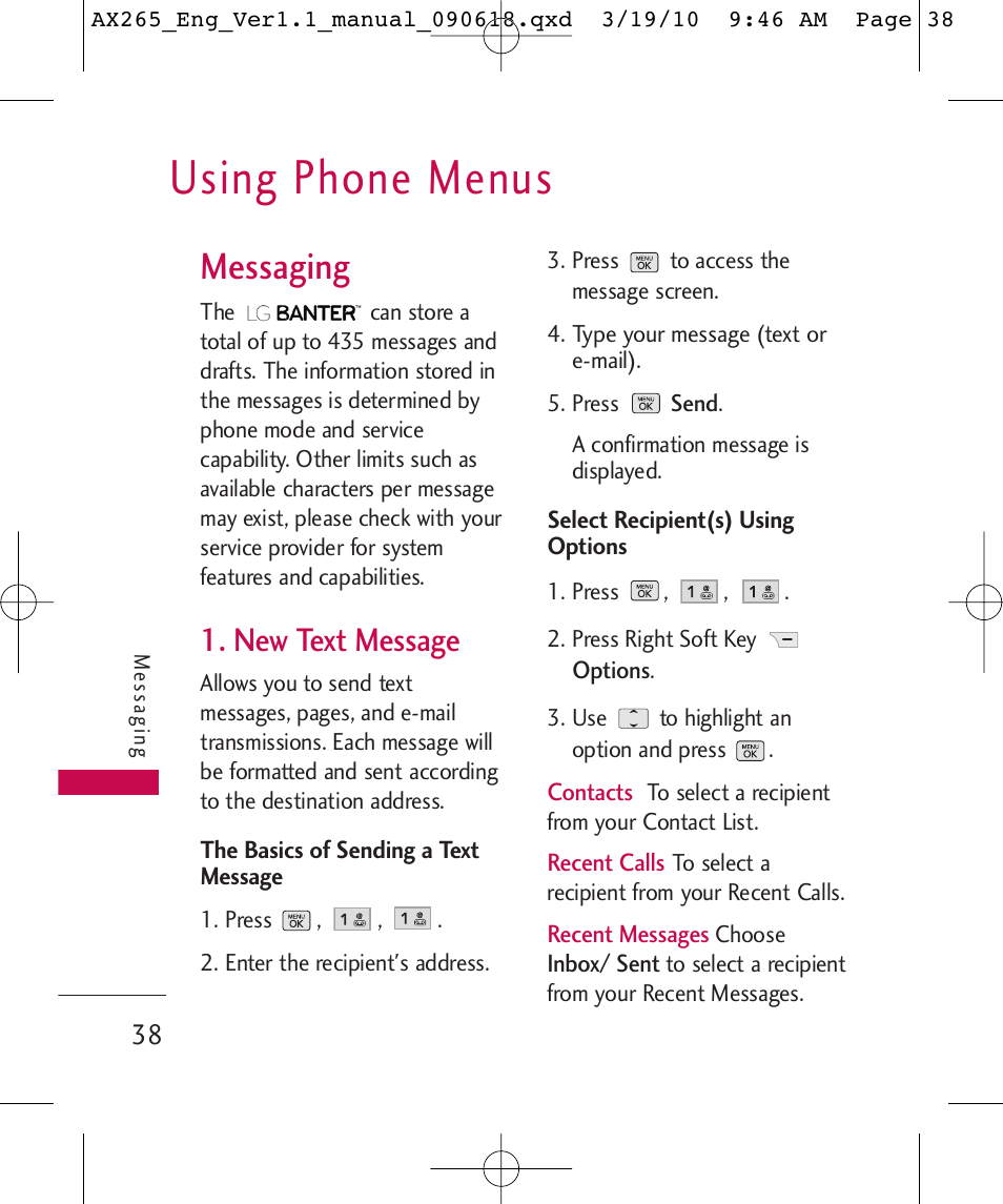 Using phone menus, Messaging, New text message | LG LGAX265 User Manual | Page 40 / 269