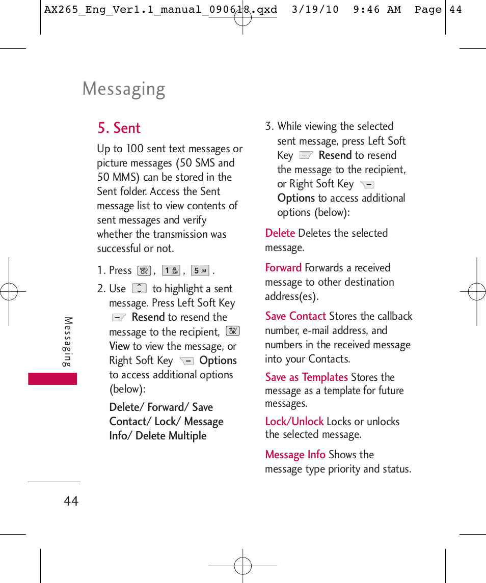 Messaging, Sent | LG LGAX265 User Manual | Page 46 / 269