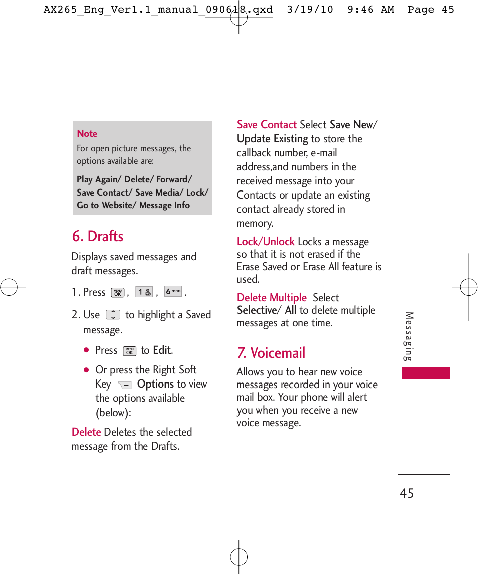 Drafts, Voicemail | LG LGAX265 User Manual | Page 47 / 269