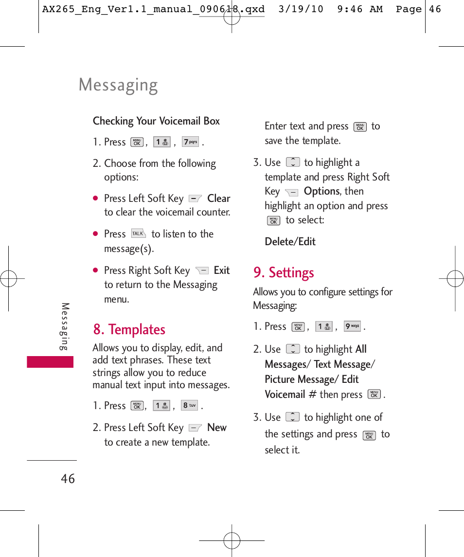 Messaging, Templates, Settings | LG LGAX265 User Manual | Page 48 / 269