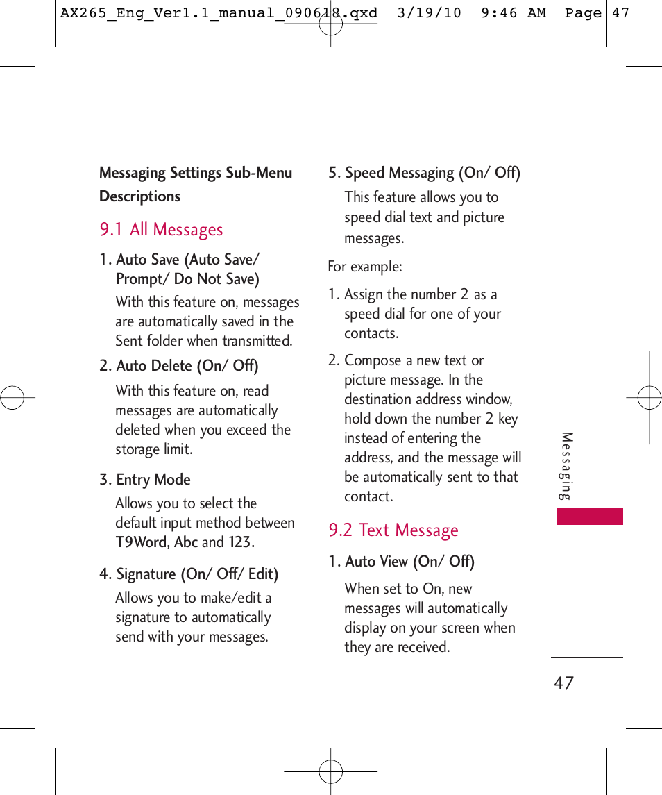 1 all messages, 2 text message | LG LGAX265 User Manual | Page 49 / 269