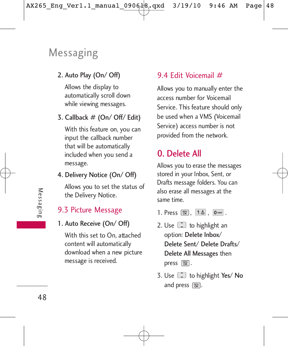 Messaging, Delete all | LG LGAX265 User Manual | Page 50 / 269