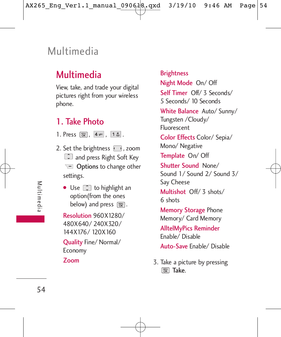 Multimedia, Take photo | LG LGAX265 User Manual | Page 56 / 269