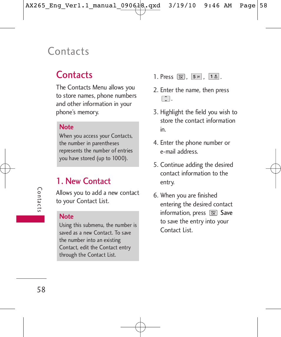 Contacts, New contact | LG LGAX265 User Manual | Page 60 / 269