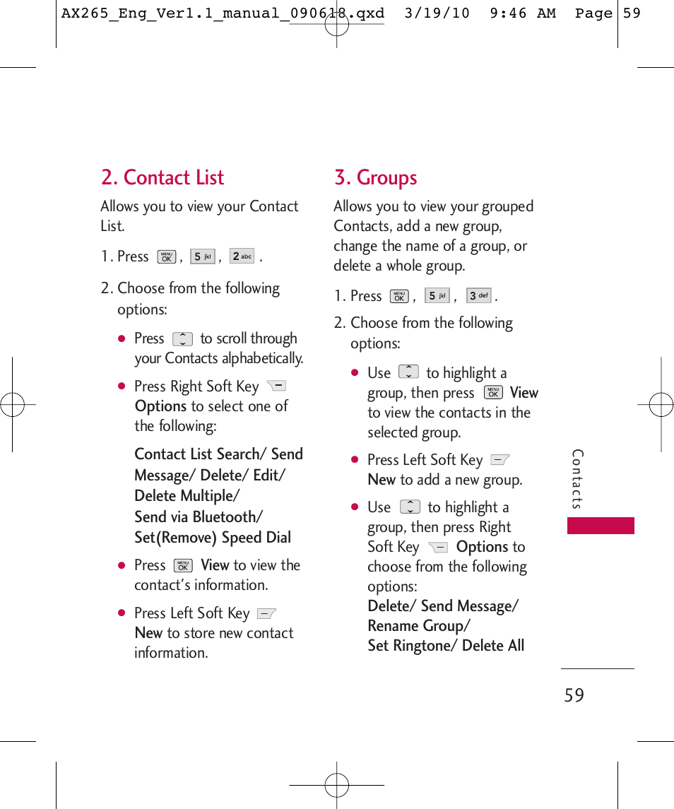 Contact list, Groups | LG LGAX265 User Manual | Page 61 / 269