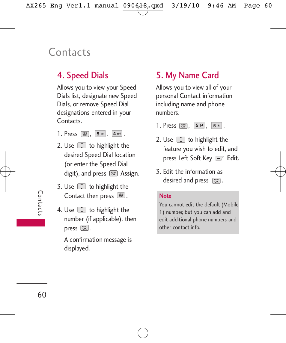 Contacts, Speed dials, My name card | LG LGAX265 User Manual | Page 62 / 269