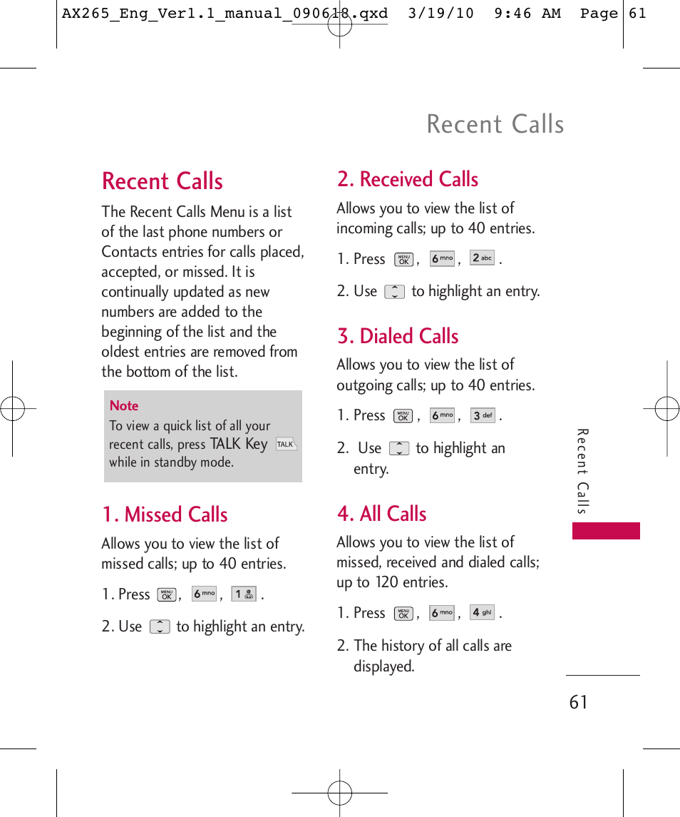 Recent calls, Missed calls, Received calls | Dialed calls, All calls | LG LGAX265 User Manual | Page 63 / 269