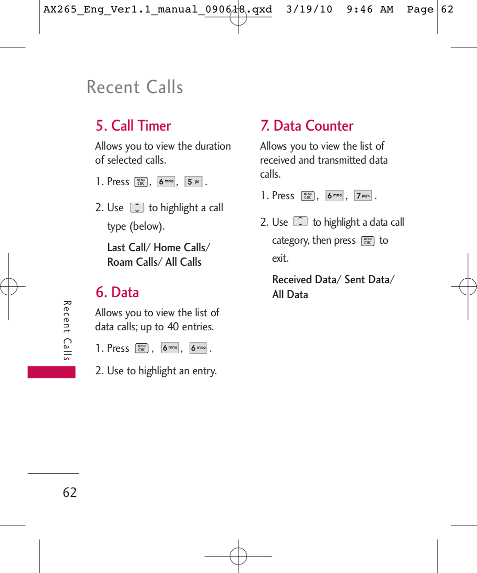 Recent calls, Call timer, Data | Data counter | LG LGAX265 User Manual | Page 64 / 269