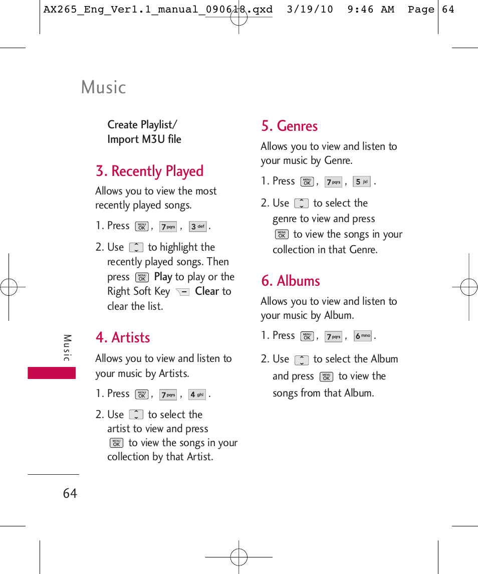 Music, Recently played, Artists | Genres, Albums | LG LGAX265 User Manual | Page 66 / 269