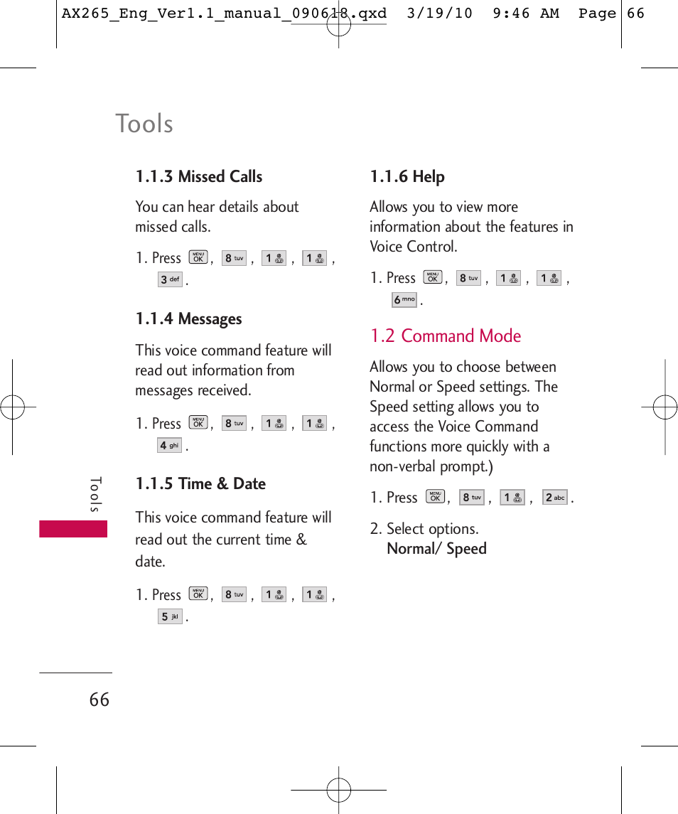 Tools, 2 command mode | LG LGAX265 User Manual | Page 68 / 269