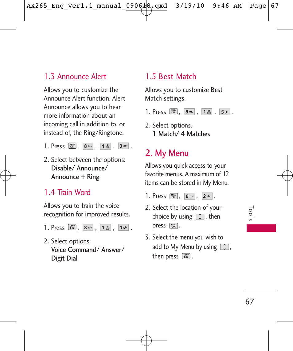 My menu, 3 announce alert, 4 train word | 5 best match | LG LGAX265 User Manual | Page 69 / 269