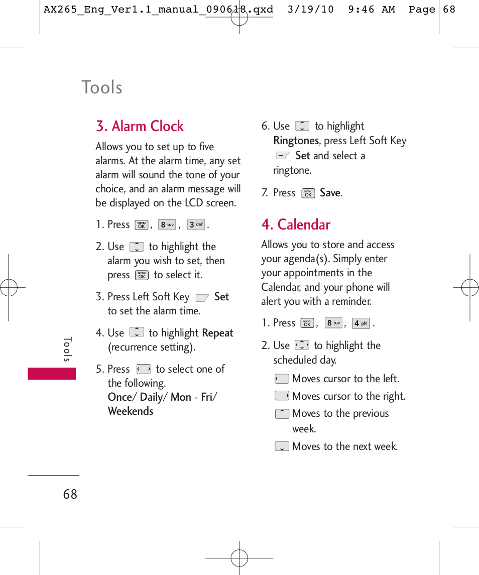 Tools, Alarm clock, Calendar | LG LGAX265 User Manual | Page 70 / 269