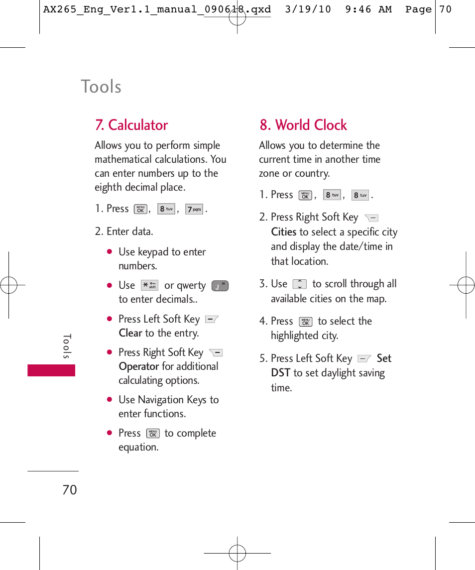 Tools, Calculator, World clock | LG LGAX265 User Manual | Page 72 / 269