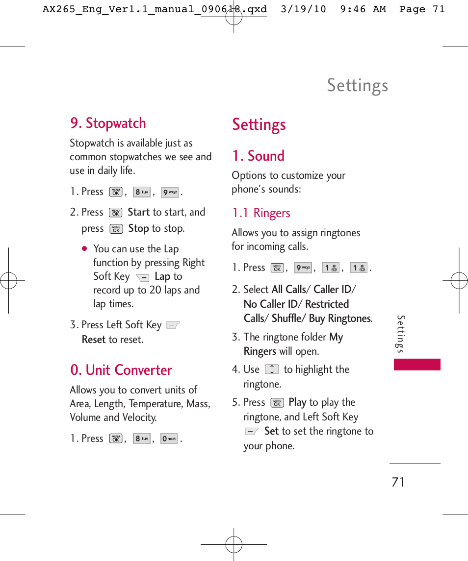 Settings, Stopwatch, Unit converter | Sound, 1 ringers | LG LGAX265 User Manual | Page 73 / 269