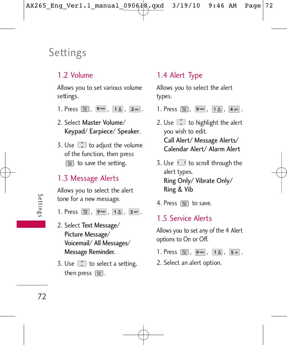 Settings, 2 volume, 3 message alerts | 4 alert type, 5 service alerts | LG LGAX265 User Manual | Page 74 / 269