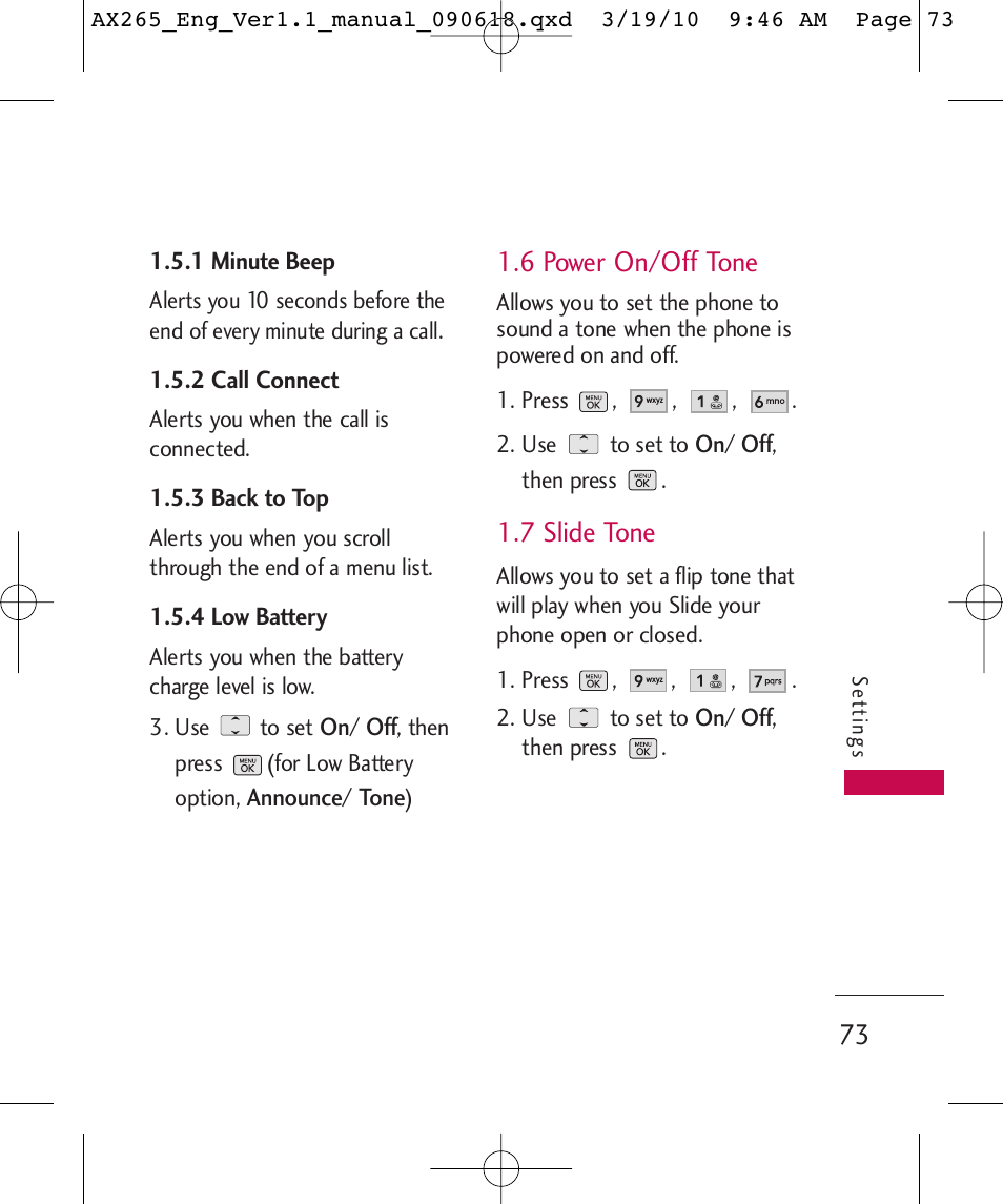 6 power on/off tone, 7 slide tone | LG LGAX265 User Manual | Page 75 / 269