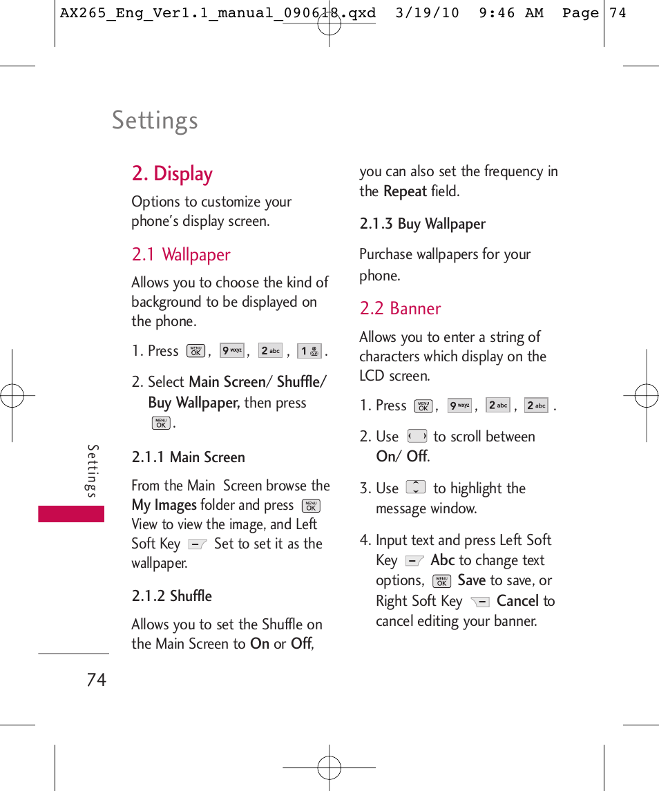 Settings, Display, 1 wallpaper | 2 banner | LG LGAX265 User Manual | Page 76 / 269