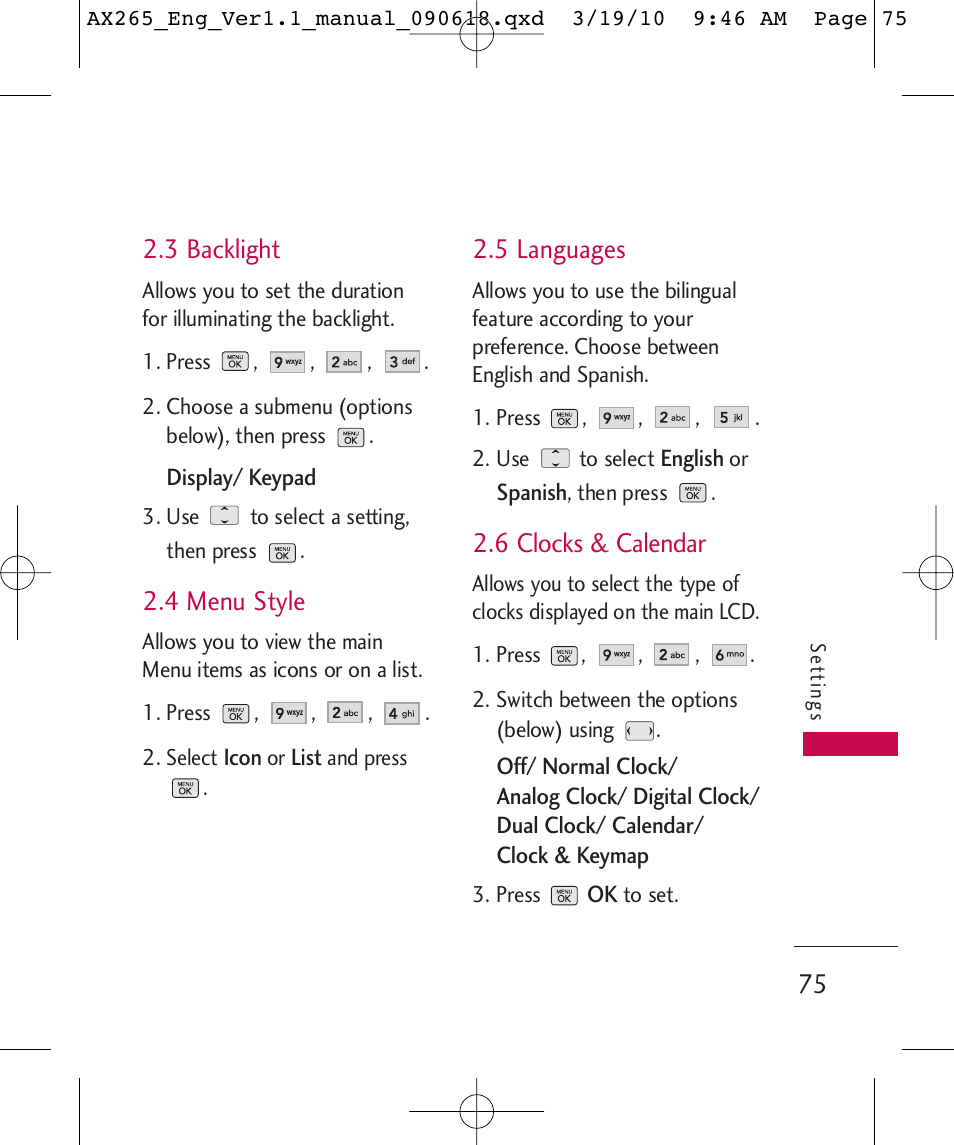 3 backlight, 4 menu style, 5 languages | 6 clocks & calendar | LG LGAX265 User Manual | Page 77 / 269