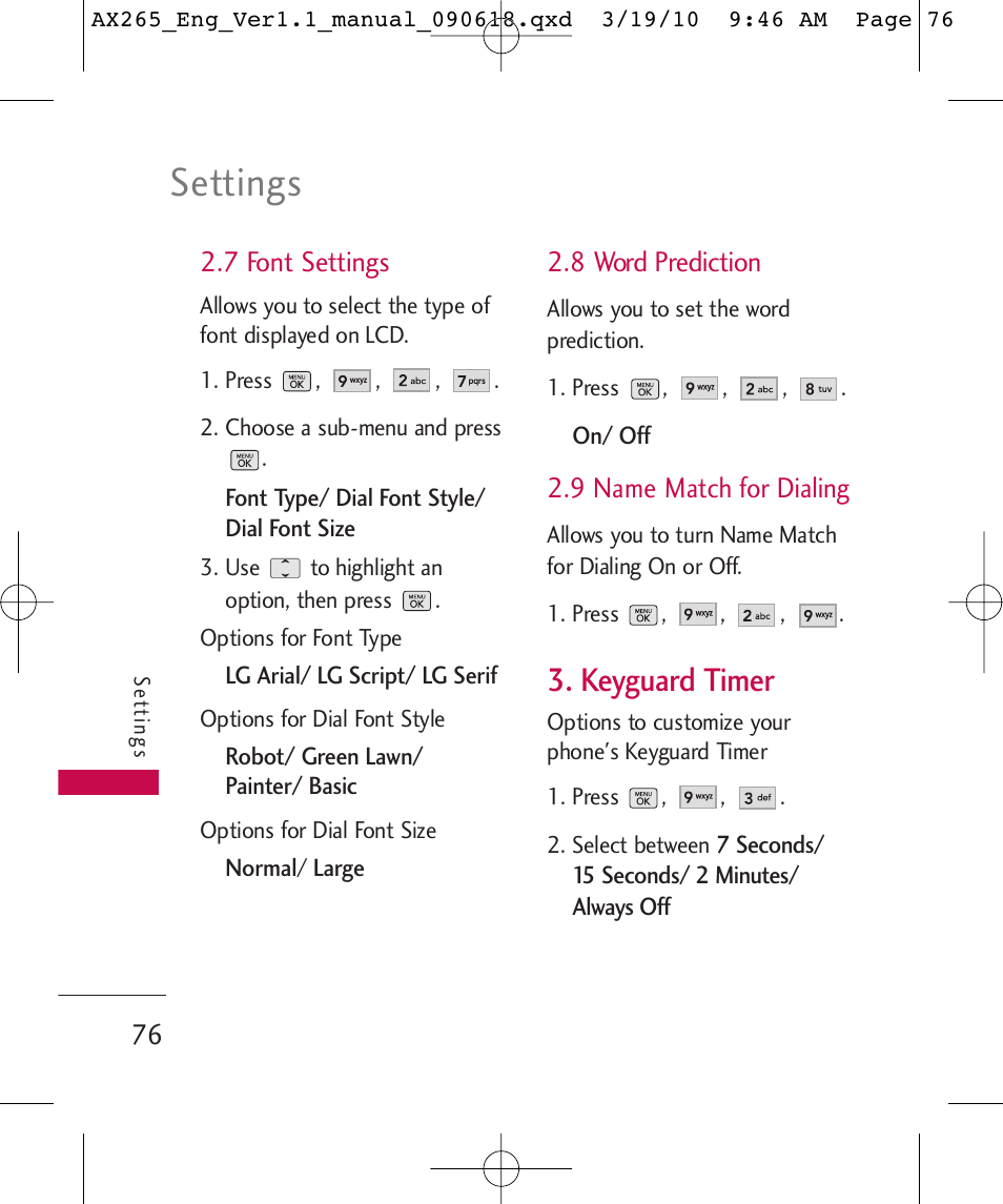 Settings, Keyguard timer, 7 font settings | 8 word prediction, 9 name match for dialing | LG LGAX265 User Manual | Page 78 / 269