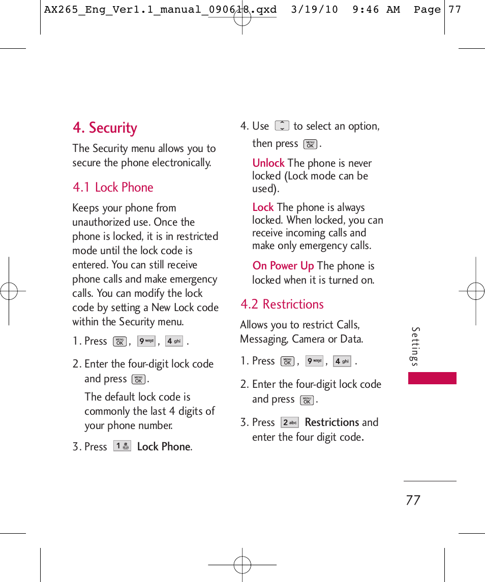 Security, 1 lock phone, 2 restrictions | LG LGAX265 User Manual | Page 79 / 269