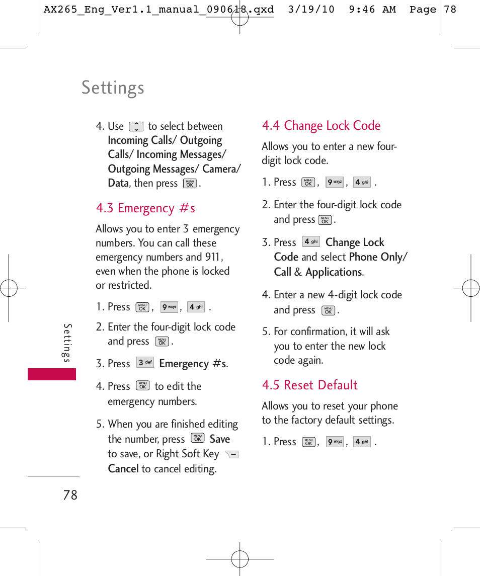 Settings, 3 emergency #s, 4 change lock code | 5 reset default | LG LGAX265 User Manual | Page 80 / 269