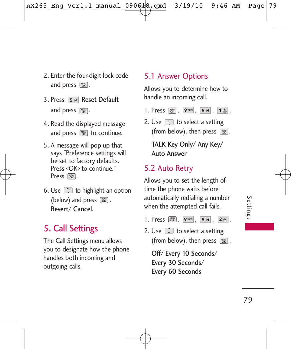 Call settings, 1 answer options, 2 auto retry | LG LGAX265 User Manual | Page 81 / 269