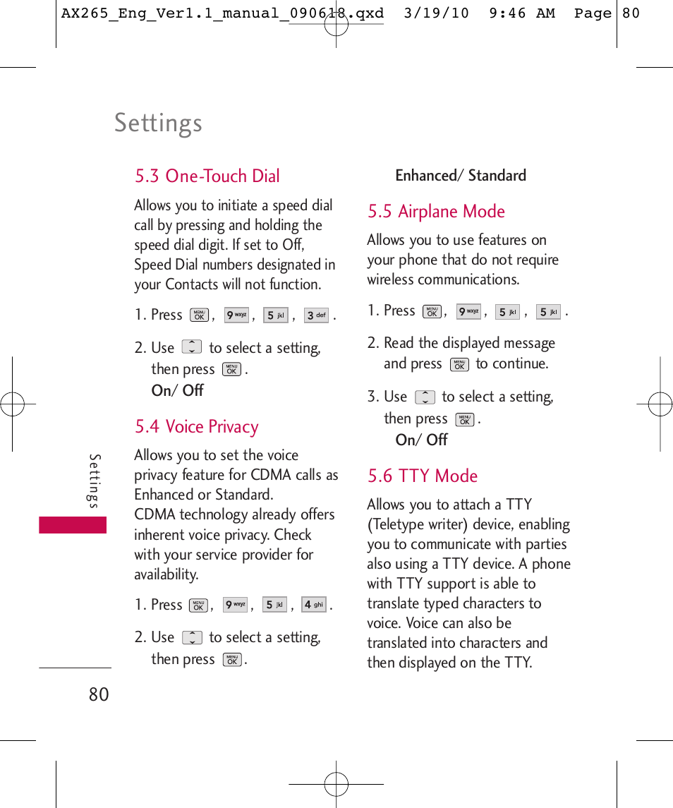 Settings, 3 one-touch dial, 4 voice privacy | 5 airplane mode, 6 tty mode | LG LGAX265 User Manual | Page 82 / 269