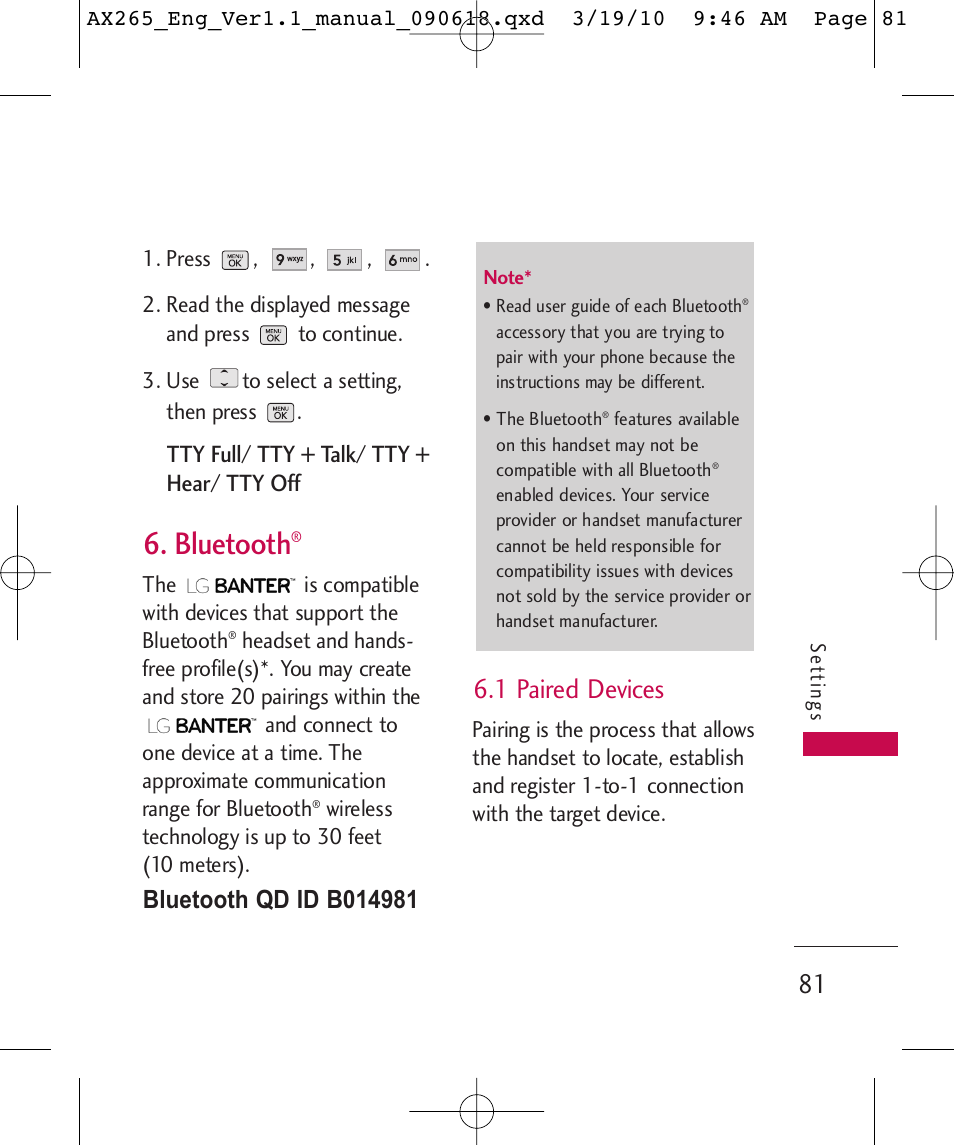 Bluetooth, 1 paired devices | LG LGAX265 User Manual | Page 83 / 269