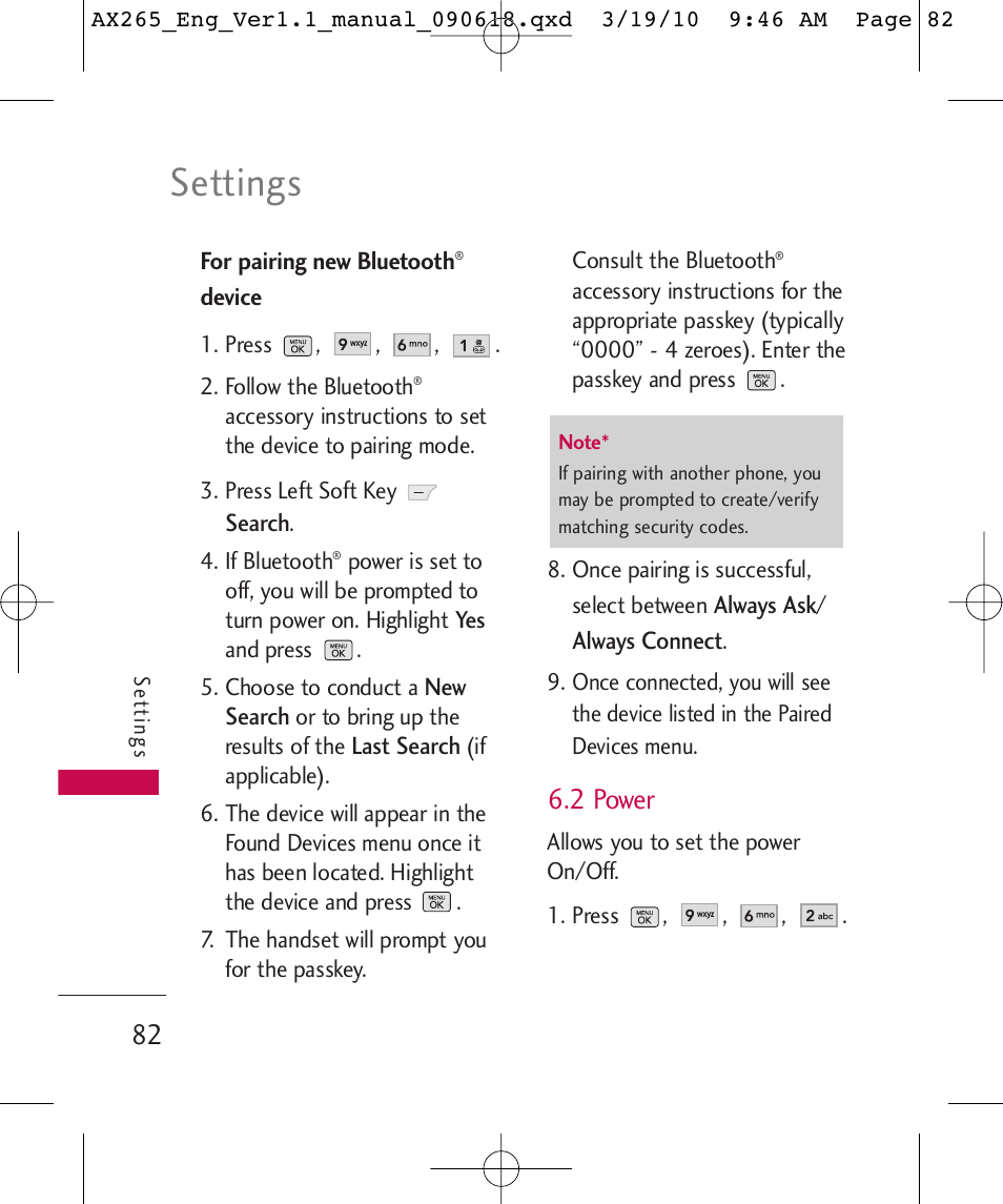 Settings, 2 power | LG LGAX265 User Manual | Page 84 / 269