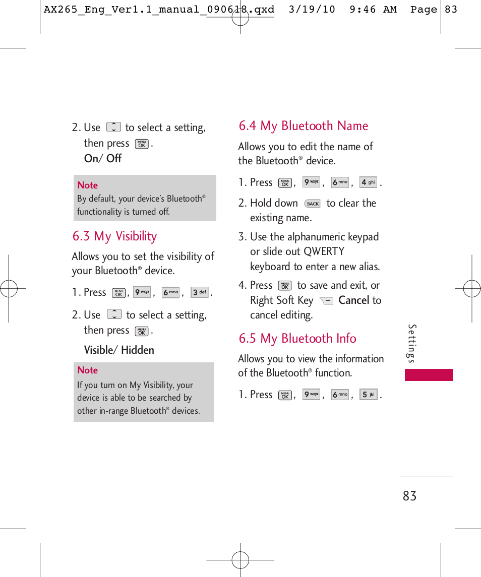 3 my visibility, 4 my bluetooth name, 5 my bluetooth info | LG LGAX265 User Manual | Page 85 / 269