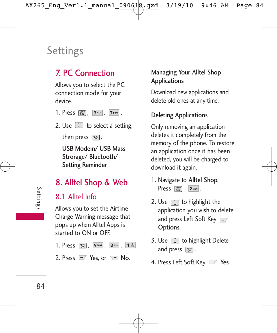 Settings, Pc connection, Alltel shop & web | 1 alltel info | LG LGAX265 User Manual | Page 86 / 269