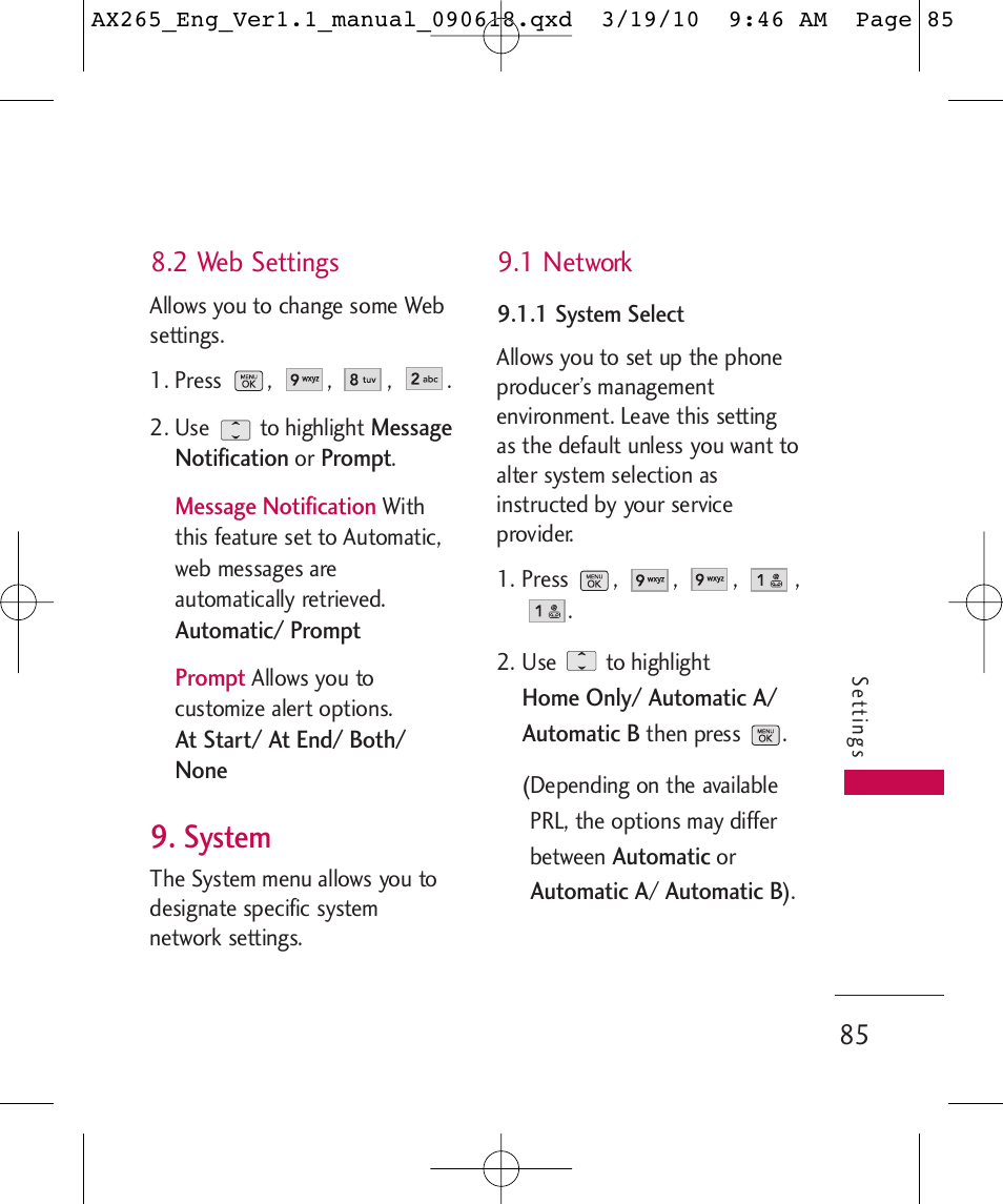 System, 2 web settings, 1 network | LG LGAX265 User Manual | Page 87 / 269