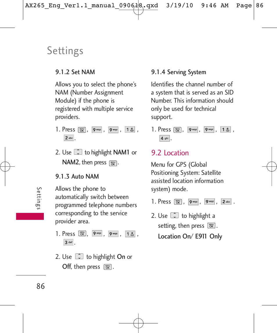 Settings, 2 location | LG LGAX265 User Manual | Page 88 / 269