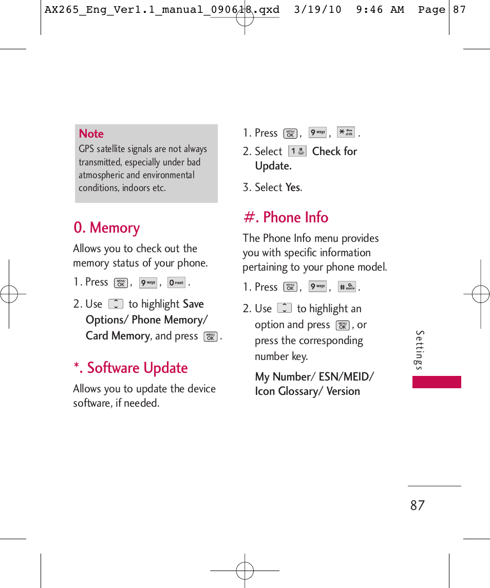 Software update, Phone info | LG LGAX265 User Manual | Page 89 / 269