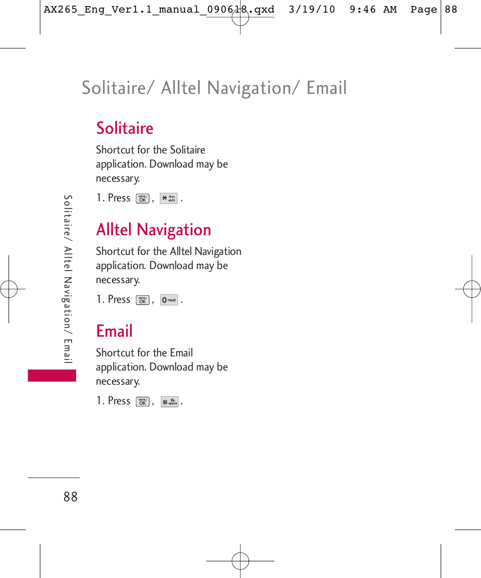 Solitaire/ alltel navigation/ email, Solitaire, Alltel navigation | Email | LG LGAX265 User Manual | Page 90 / 269