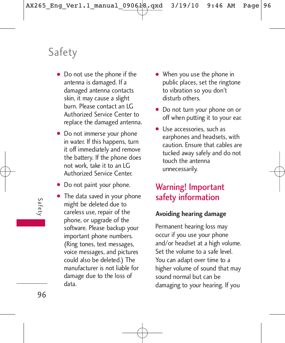 Safety, Warning! important safety information | LG LGAX265 User Manual | Page 98 / 269