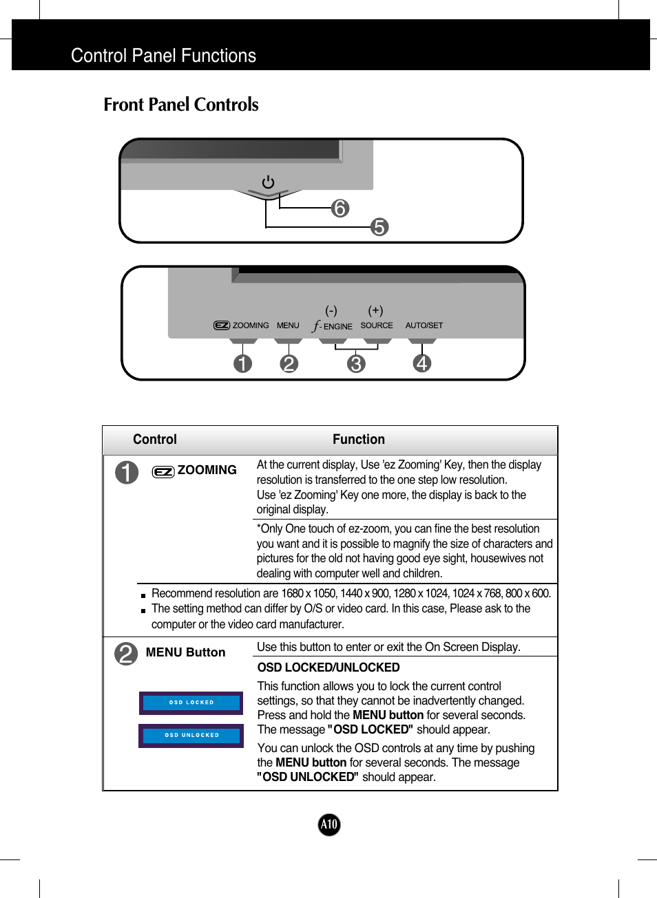 Control panel functions, Front panel controls | LG L226WTQ-BF User Manual | Page 11 / 27
