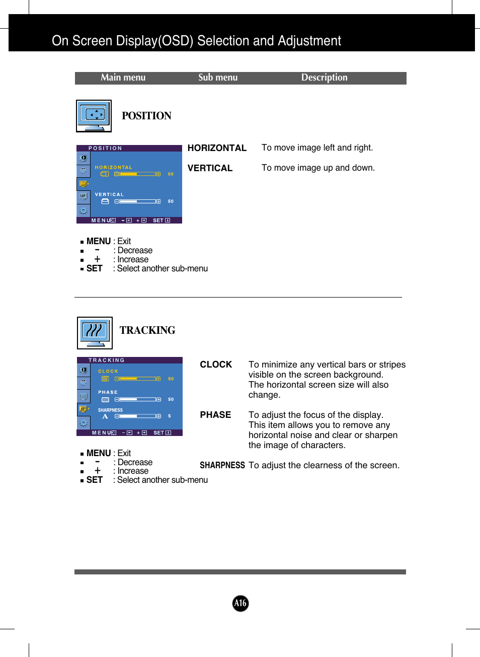 Position, Tracking, On screen display(osd) selection and adjustment | LG L226WTQ-BF User Manual | Page 17 / 27