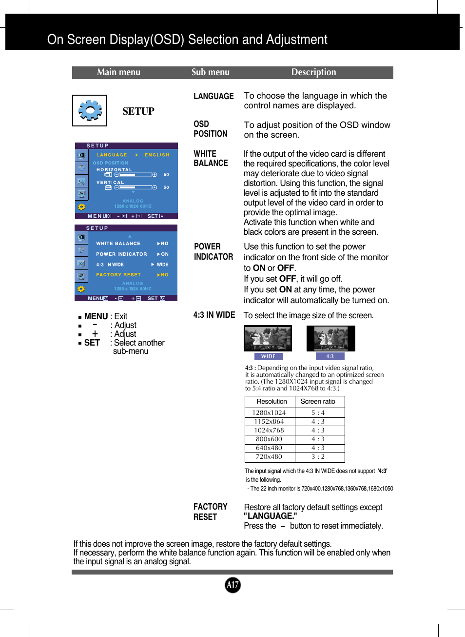 Setup, On screen display(osd) selection and adjustment | LG L226WTQ-BF User Manual | Page 18 / 27