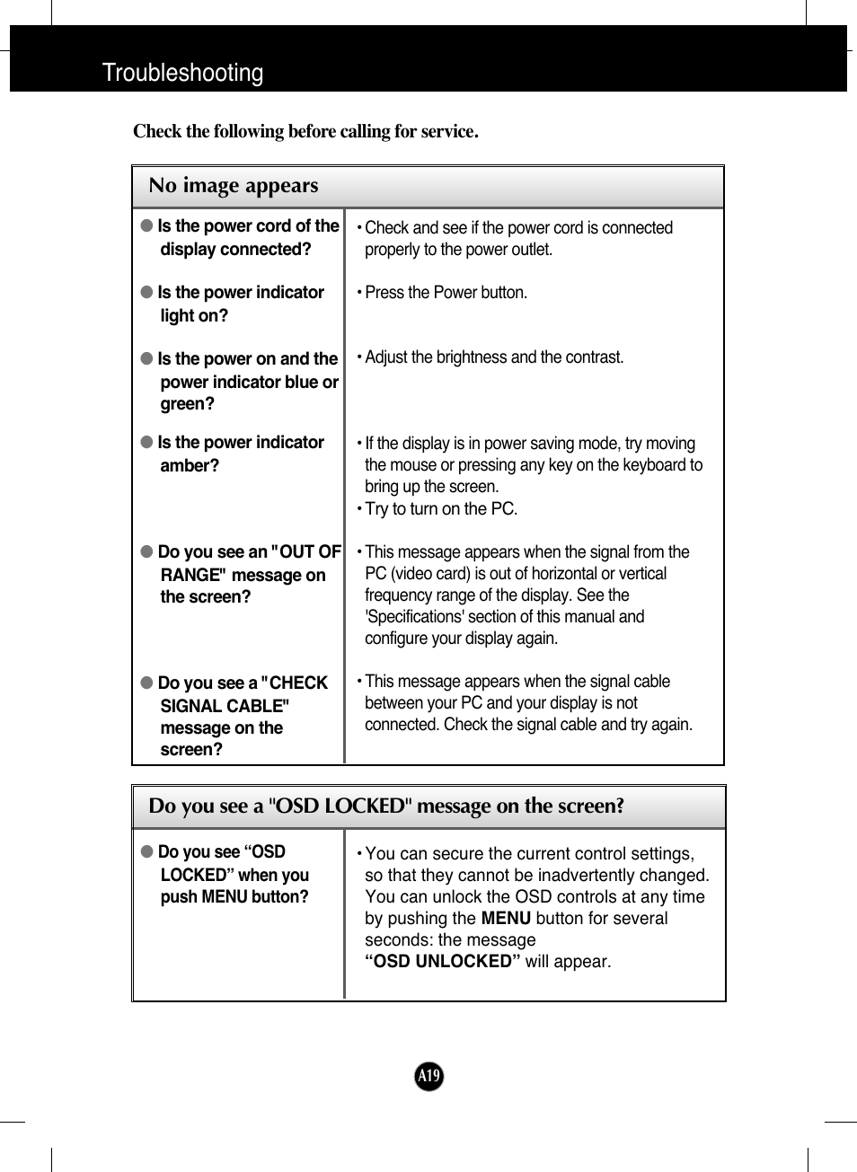Troubleshooting, No image appears, Do you see a "osd locked" message on the screen | LG L226WTQ-BF User Manual | Page 20 / 27