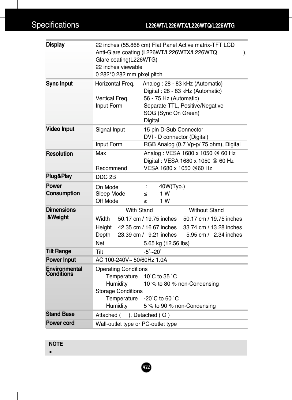 Specifications, L226wt/l226wtx/l226wtq/l226wtg/l226wty | LG L226WTQ-BF User Manual | Page 23 / 27