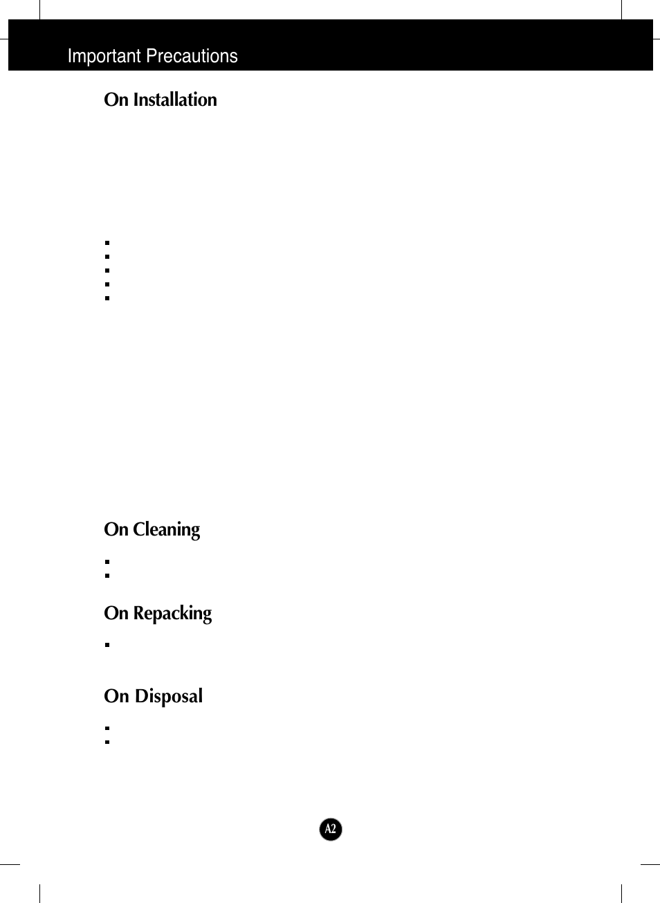 On installation, On cleaning, On repacking | On disposal, Important precautions on installation | LG L226WTQ-BF User Manual | Page 3 / 27