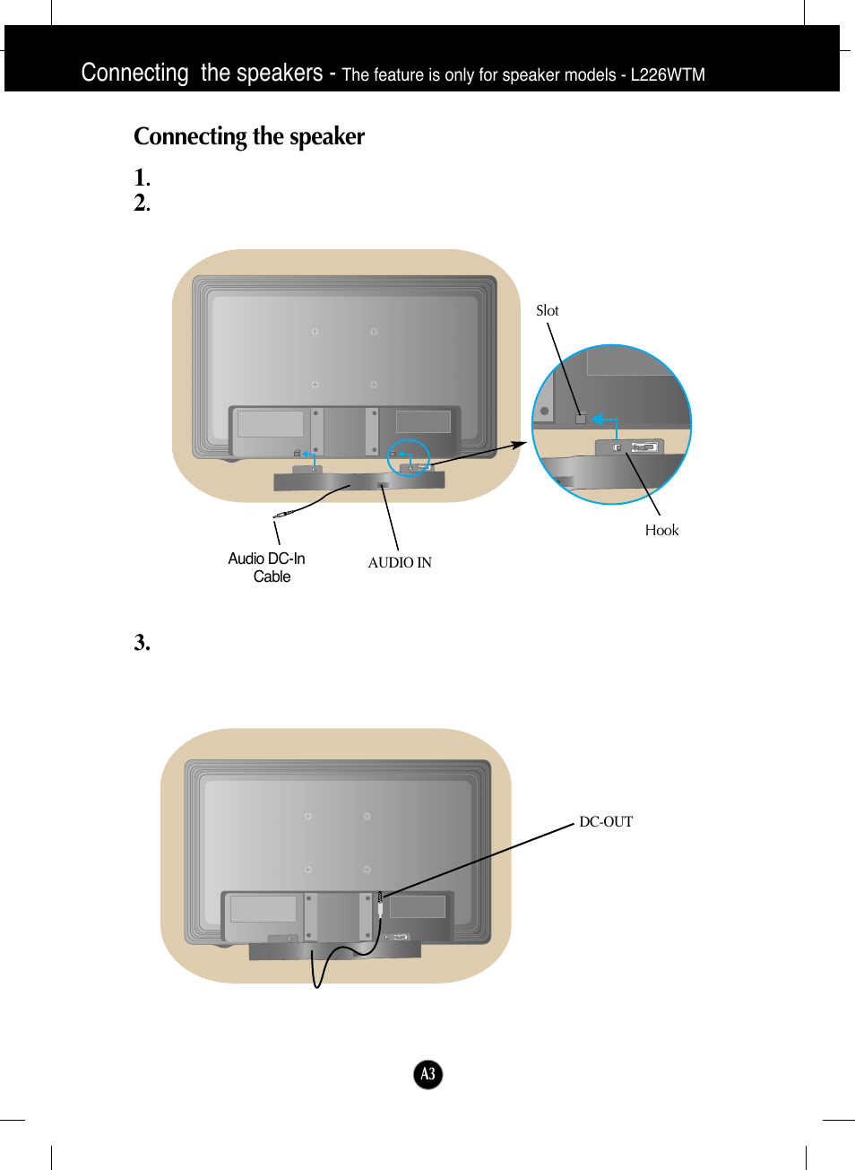 Connecting the speaker, Connecting the speaker 1, Connecting the speakers | LG L226WTQ-BF User Manual | Page 4 / 27