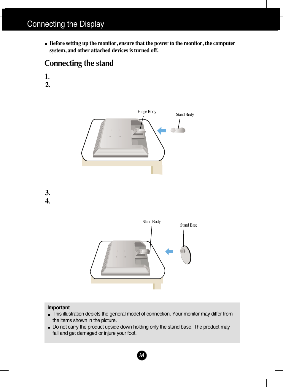 Connecting the display, Connecting the stand | LG L226WTQ-BF User Manual | Page 5 / 27
