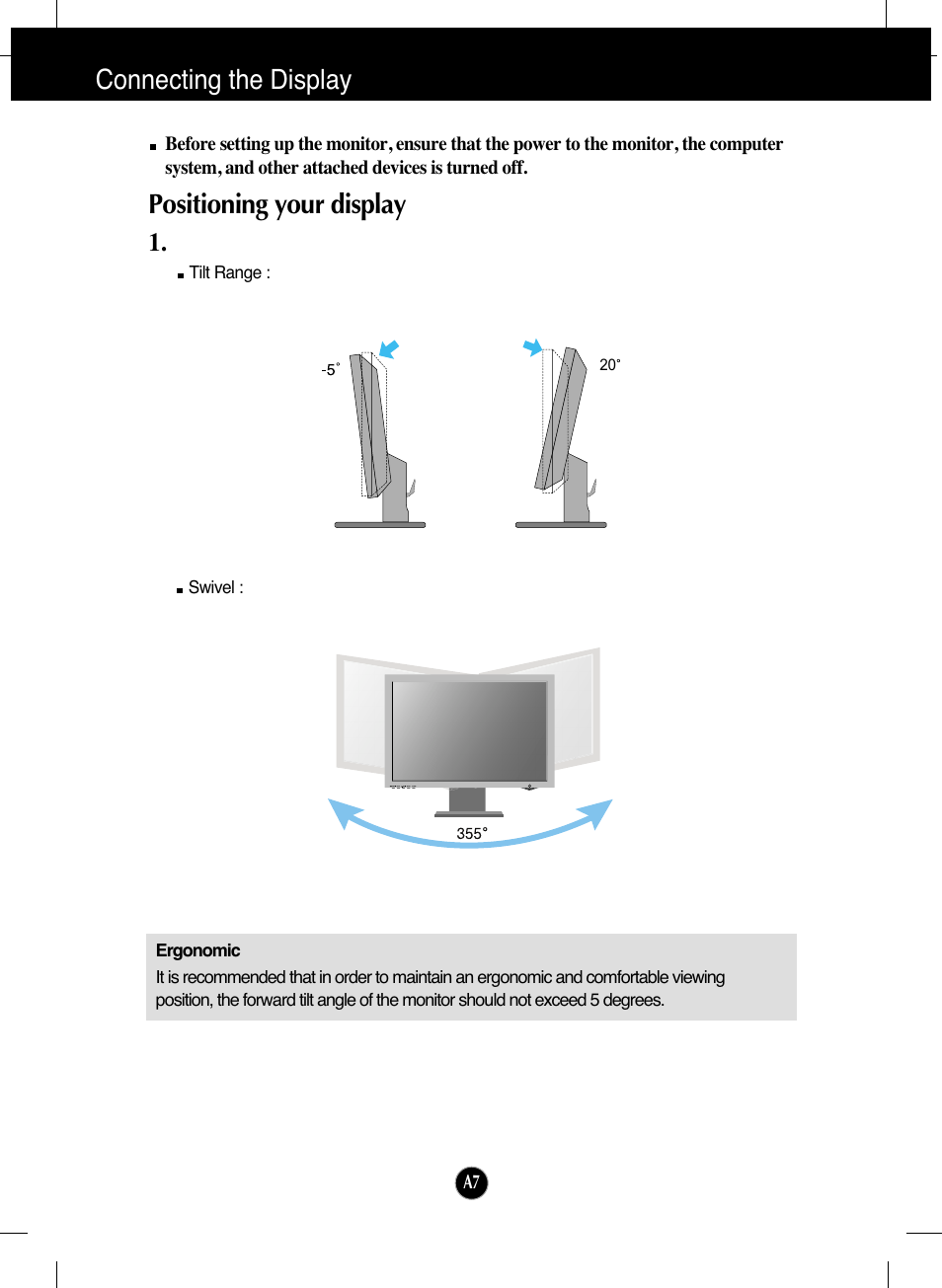 Positioning your display, Connecting the display | LG L226WTQ-BF User Manual | Page 8 / 27